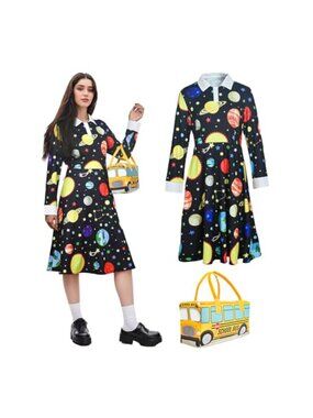 Teacher Cosplay Dress with Peter Pan Collar Planet Print Costume